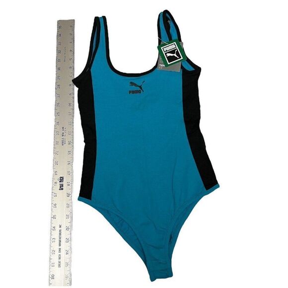 Puma Classic‎ Bodysuit Scoop Back Blue Black Casual Sporty - Picture 3 of 12